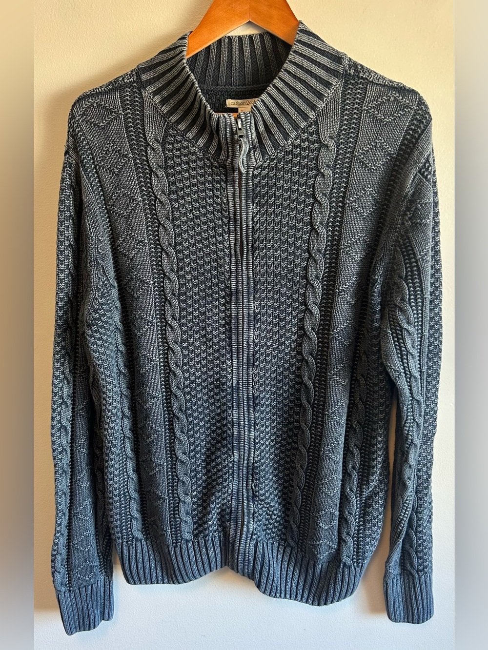 Carbon 2 Cobalt Sweater Sz L Full Zip Cable Knit Stavanger Fisherman Linen Blend